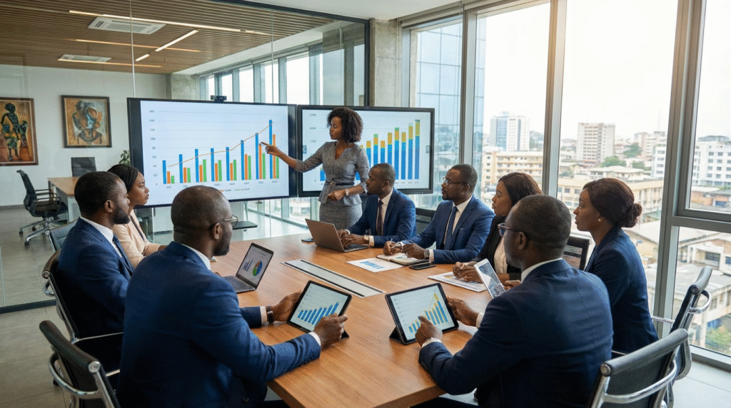 Diverse African business professionals — men and women
in smart attire — collaborating around a sunlit table
while analyzing charts and data on investment opportunities
in Cameroon in 2026, embodying purpose-driven investment strategy.