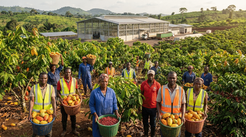 Cameroonian farmers — men and women — harvesting cocoa pods
and coffee beans on a lush green plantation, with a modern
agricultural processing facility in the background, illustrating
the agro-industry investment opportunities in Cameroon in 2026.