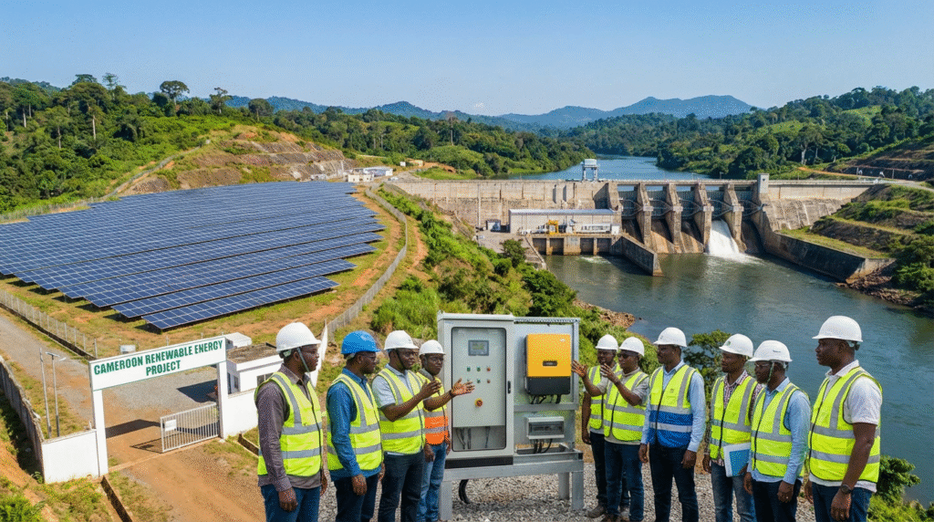 Large-scale solar panel arrays and a hydroelectric dam
in Cameroon set against a bright blue sky and green
African landscape, representing renewable energy investment
opportunities in Cameroon in 2026, backed by the National
Energy Compact targeting 3,000 MW by 2030.