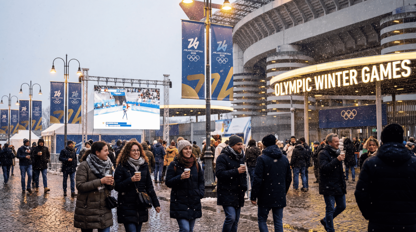 A winter evening outside San Siro Stadium during the 2026 Olympic Games, with diverse fans gathering under warm city lights.