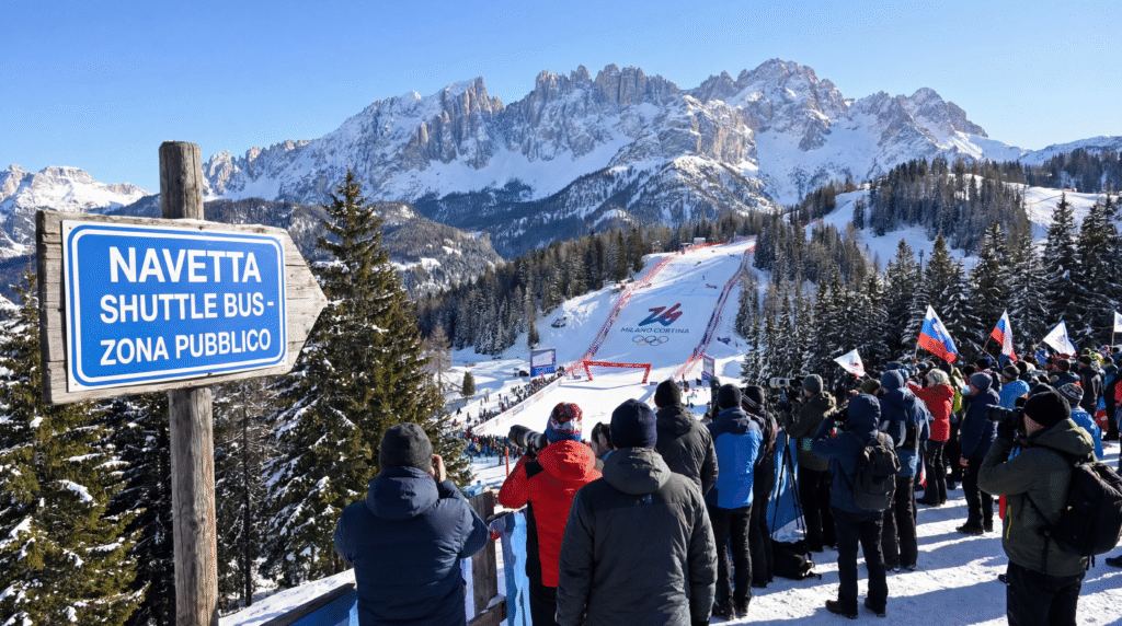 The Dolomites near Cortina during the 2026 Olympic Games, with snowy peaks and spectators viewing a distant competition slope.