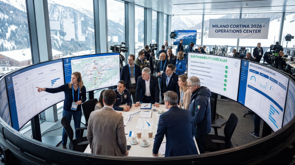  A diverse organizing team in a control room coordinating transport, schedules, and sustainability plans for the 2026 Olympic Games.
