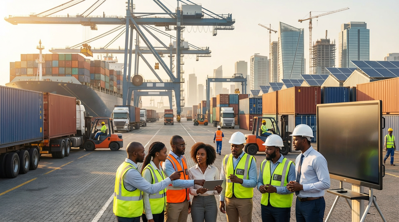 Economy of Africa shown through a modern African port with containers, cranes, and professionals coordinating trade.