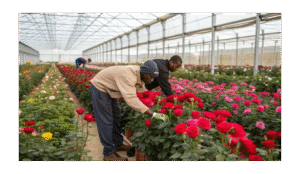 Alt Text: Ethiopian horticulture export workers harvesting roses in commercial greenhouse with rows of vibrant flowers for international markets