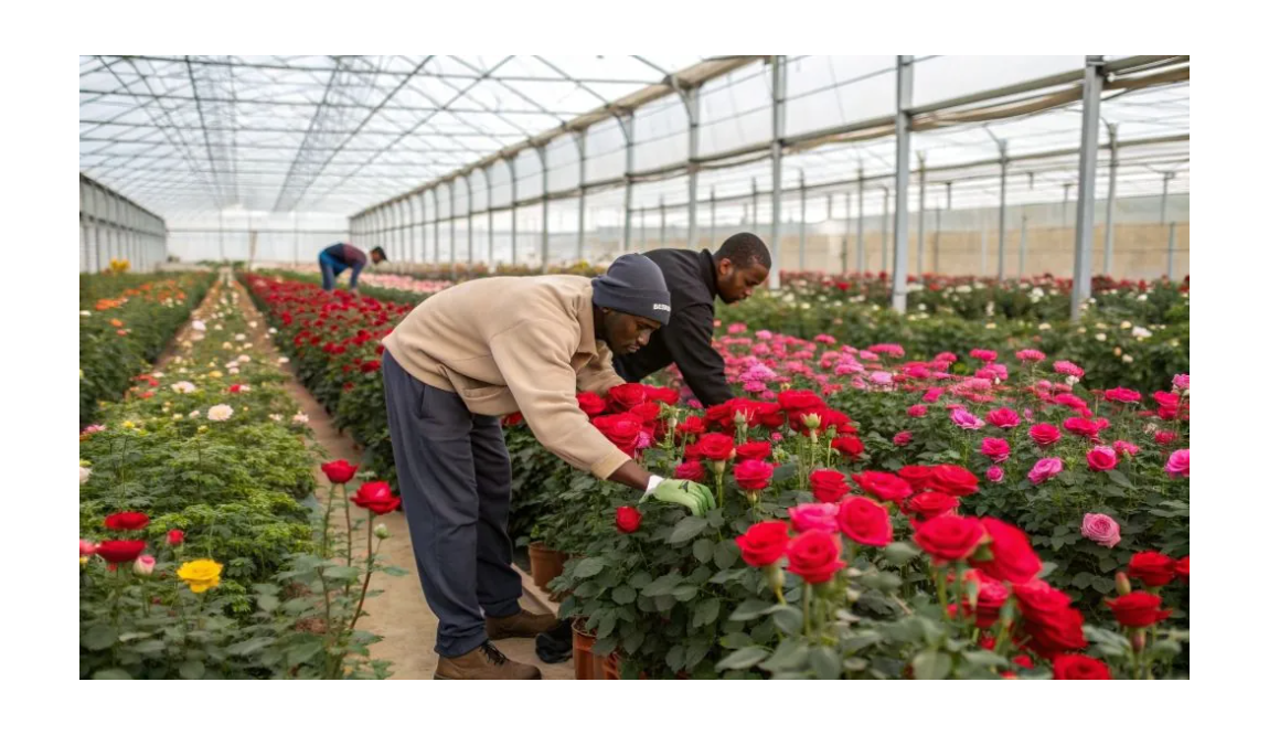Alt Text: Ethiopian horticulture export workers harvesting roses in commercial greenhouse with rows of vibrant flowers for international markets