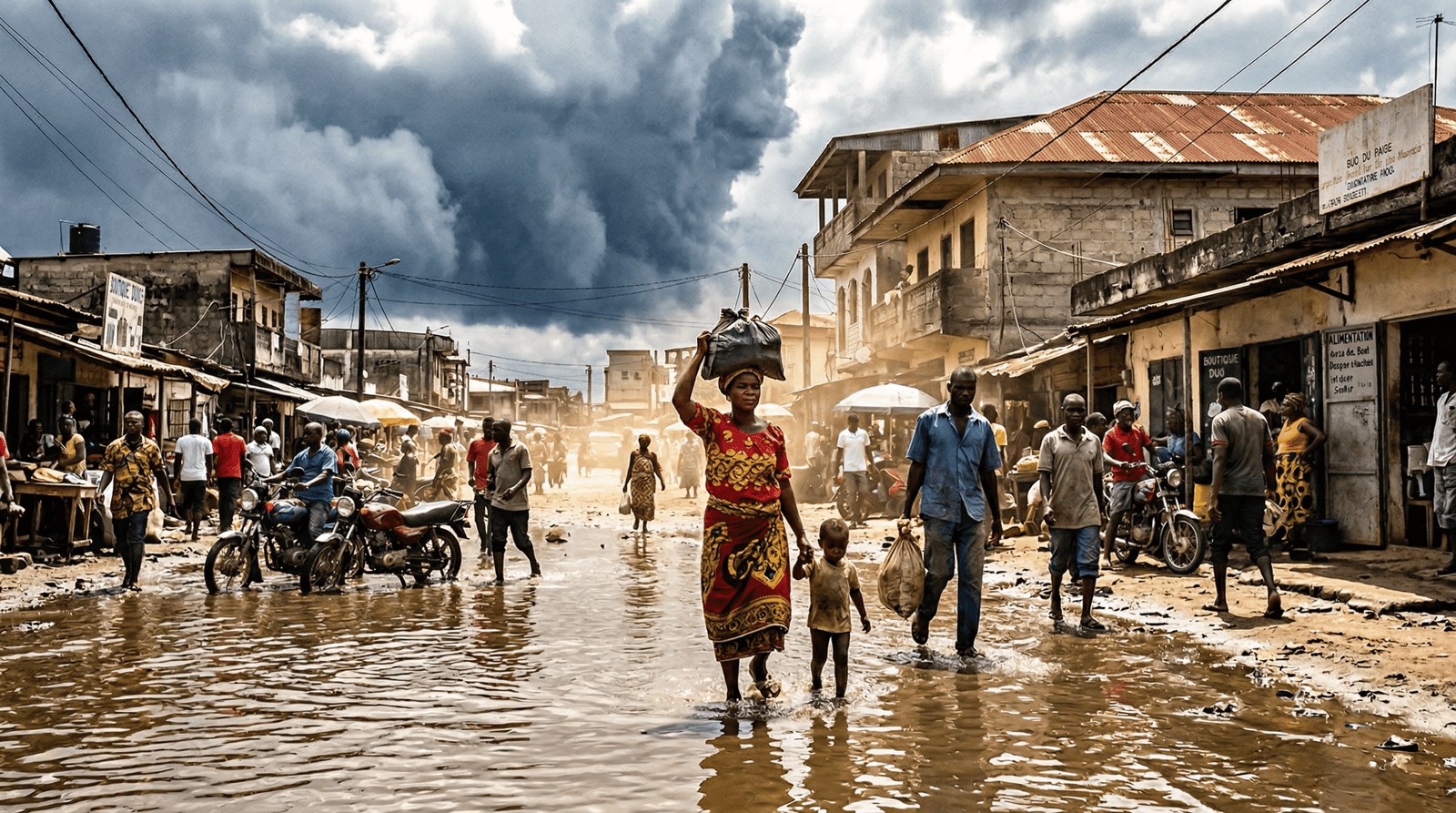 Families and pedestrians facing the extreme climate crisis in a city affected by heat, floodwaters, and a stormy sky.