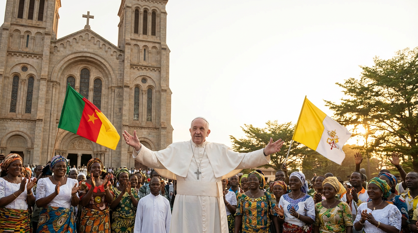 Pope Leo XIV Apostolic Visit to Cameroon April 2026 welcoming faithful Catholic crowd cathedral peace unity hope